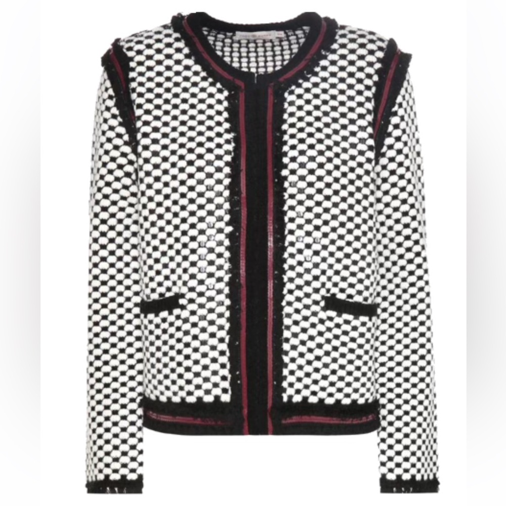 Tory Burch EUC Petra Ivory Black Wool Sequin Cardigan Jacket M